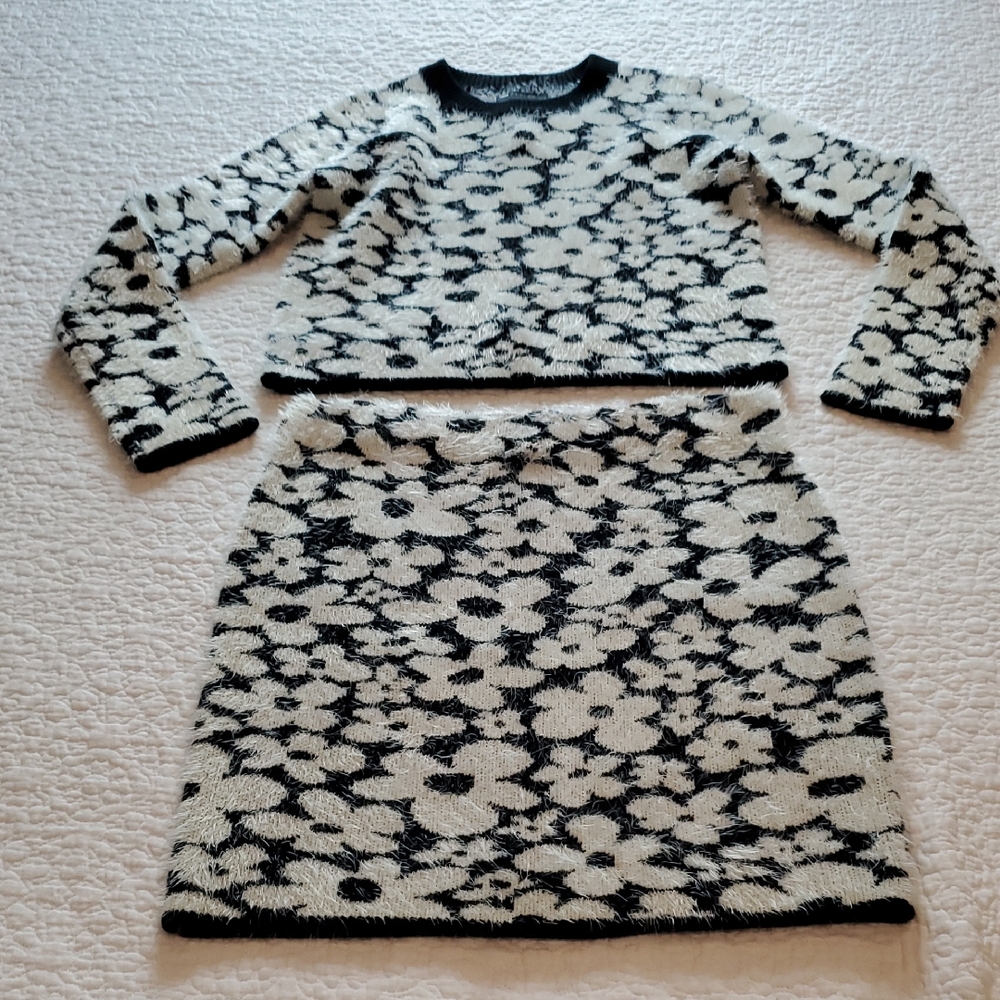 Floral Black and White Sweater and Skirt Set